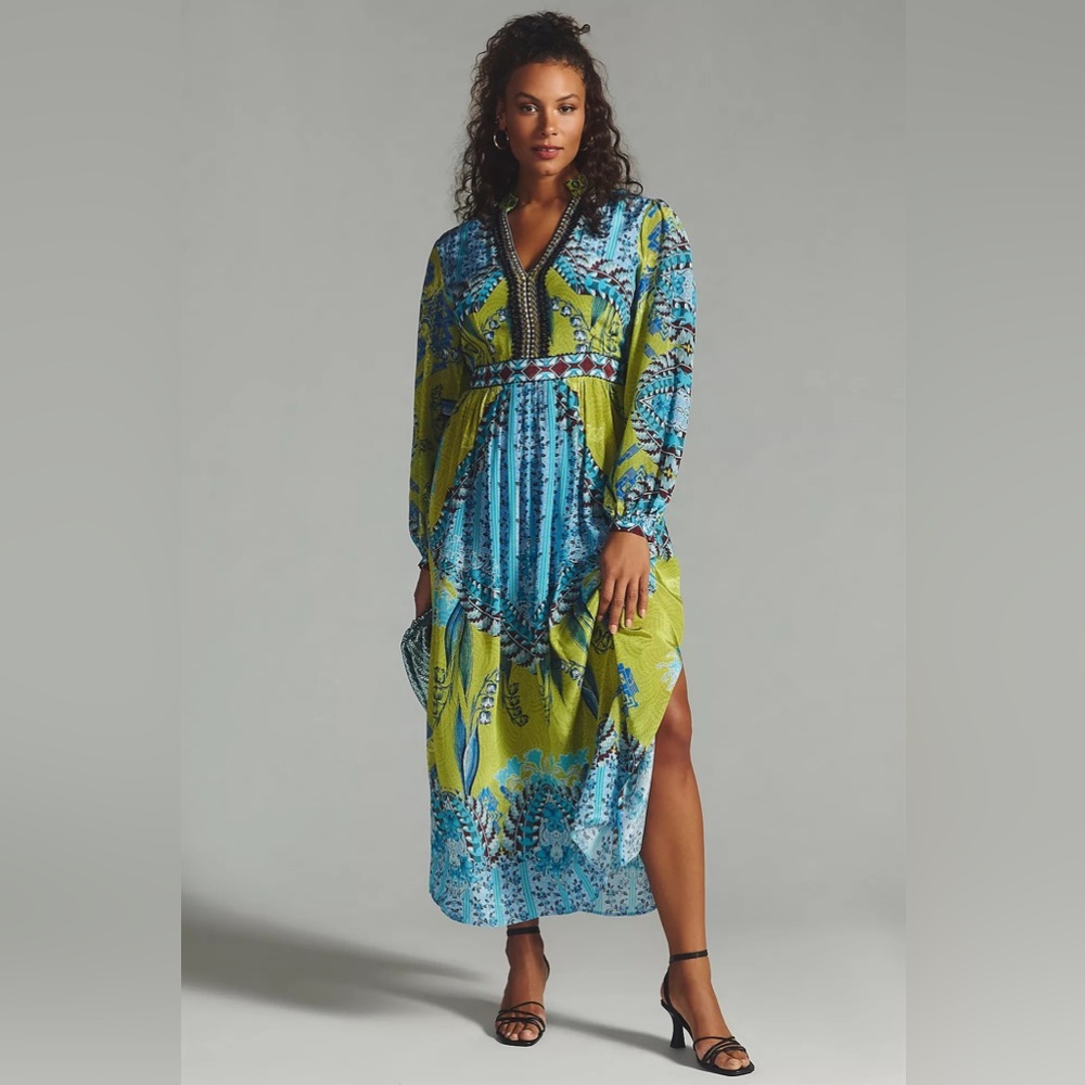 New Rare Anthropologie Bhanuni by Jyoti Patterned Maxi Dress Size 18W Chartruese